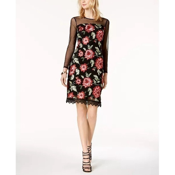 Thalia Sodi Embroidered Illusion Mesh Floral Bodycon Dress Black - Picture 1 of 5